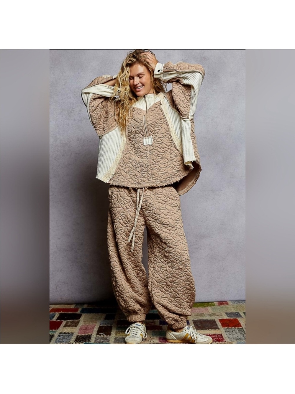 POL Quilted Taupe Drawstring Track Joggers